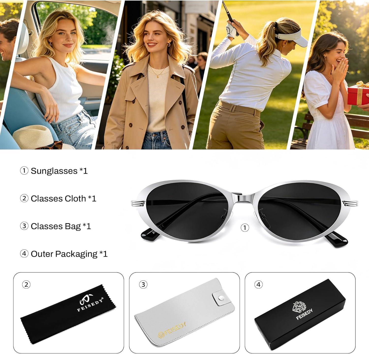 image:imageFEISEDY Metal Oval Sunglasses UV400 Protection for Women and Men Classic Retro Trendy Suitable for Driving Fishing B0429Silver Frame Grey Lens