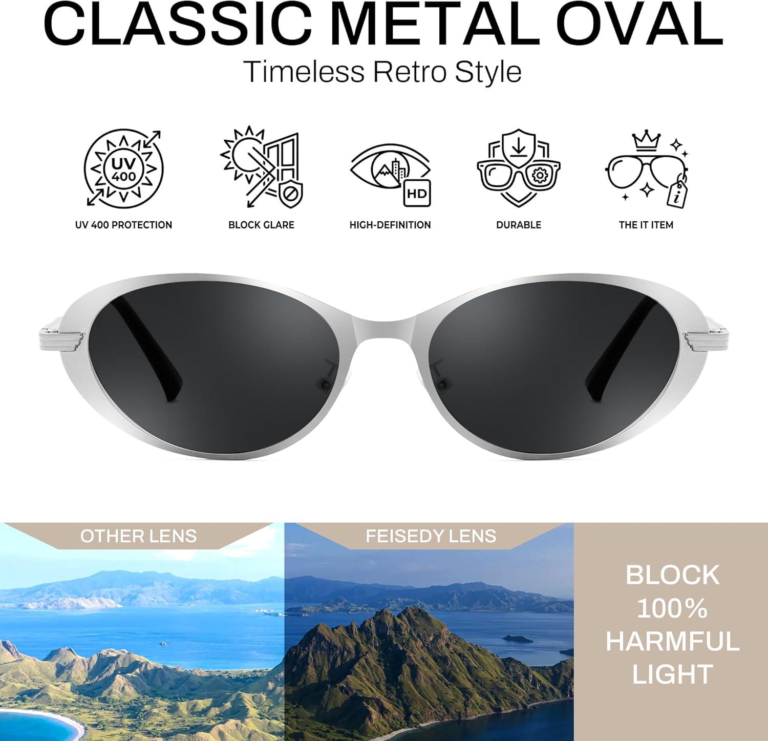 image:imageFEISEDY Metal Oval Sunglasses UV400 Protection for Women and Men Classic Retro Trendy Suitable for Driving Fishing B0429Silver Frame Grey Lens