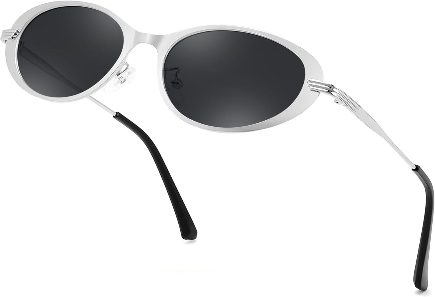 image:imageFEISEDY Metal Oval Sunglasses UV400 Protection for Women and Men Classic Retro Trendy Suitable for Driving Fishing B0429Silver Frame Grey Lens