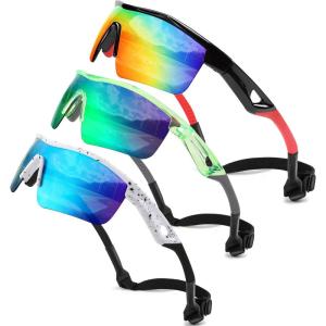 FEISEDY Kids Teens Baseball Polarized Sunglasses Sports TR90 Frame Boys Girls Cycling B2454(3pack Black & Red+transparent Green & Green+spot White & Blue)
