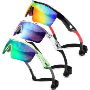 FEISEDY Kids Teens Baseball Polarized Sunglasses Sports TR90 Frame Boys Girls Cycling B2454(3pack Black & Red+transparent Green & Green+transparent Grey & Blue)