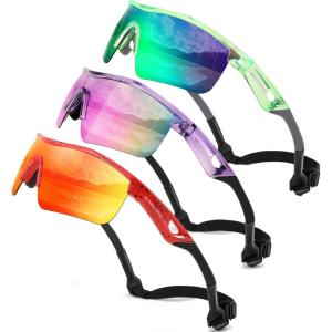 FEISEDY Kids Teens Baseball Polarized Sunglasses Sports TR90 Frame Boys Girls Cycling B2454(3pack Transparent Green & Green+transparent Purple & Purple+spot Red)