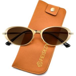 FEISEDY Metal Oval Sunglasses UV400 Protection for Women and Men, Classic Retro Trendy Suitable for Driving Fishing B0429(Gold Frame + Tea Lens)
