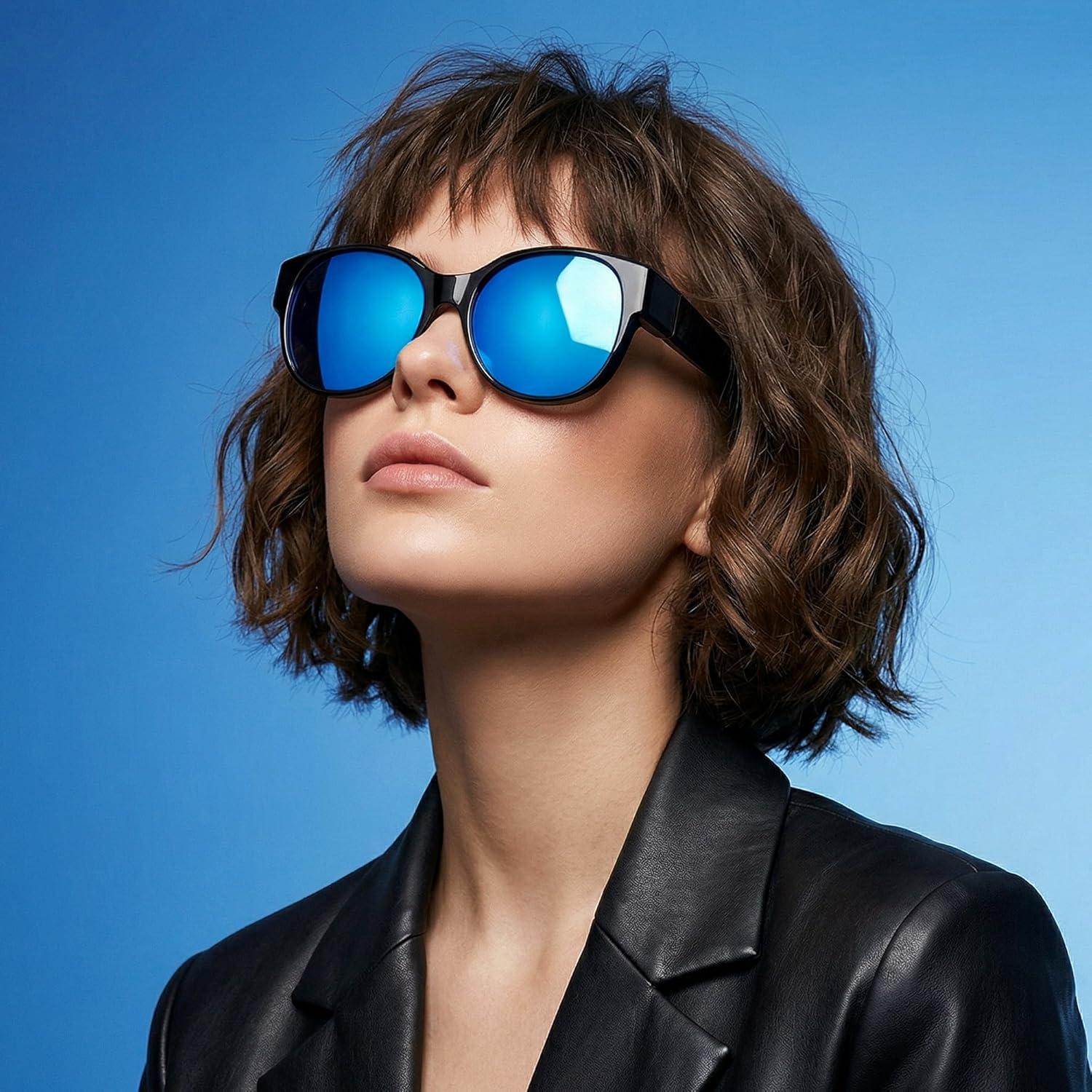 image:imageFEISEDY Fit Over Glasses Polarized Sunglasses UV400 Protection for Driving amp Outdoor Activities B0328Black Frame Blue Mirror Lens