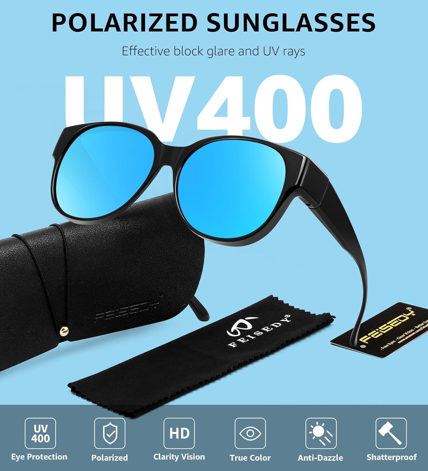 image:imageFEISEDY Fit Over Glasses Polarized Sunglasses UV400 Protection for Driving amp Outdoor Activities B0328Black Frame Blue Mirror Lens
