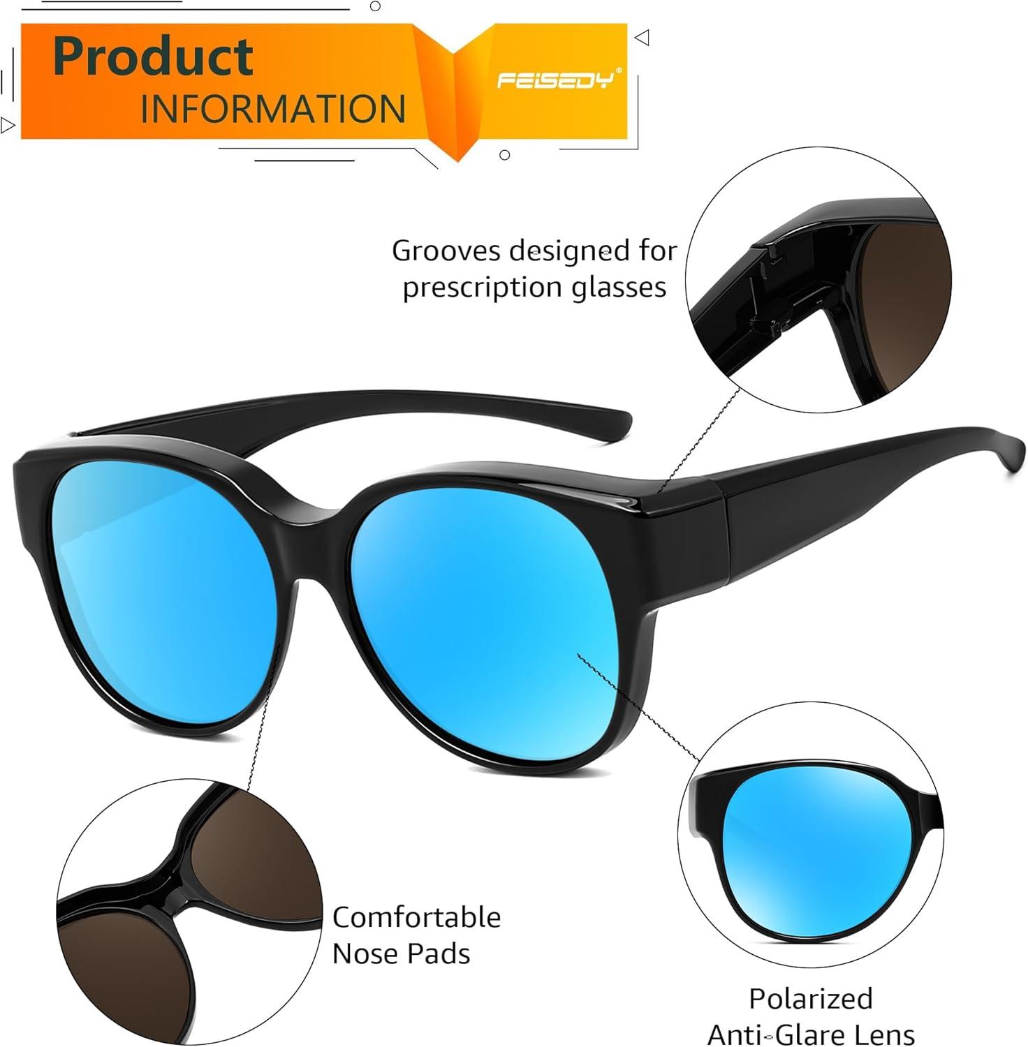 image:imageFEISEDY Fit Over Glasses Polarized Sunglasses UV400 Protection for Driving amp Outdoor Activities B0328Black Frame Blue Mirror Lens