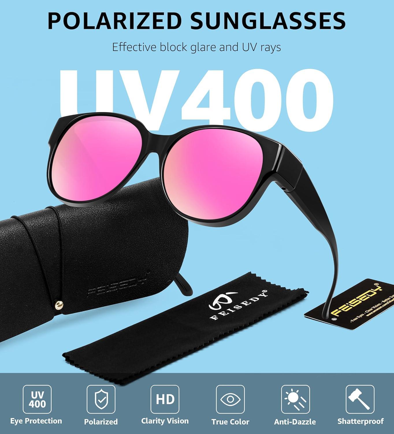 image:imageFEISEDY Fit Over Glasses Polarized Sunglasses UV400 Protection for Driving amp Outdoor Activities B0328Black Frame Pink Mirror Lens