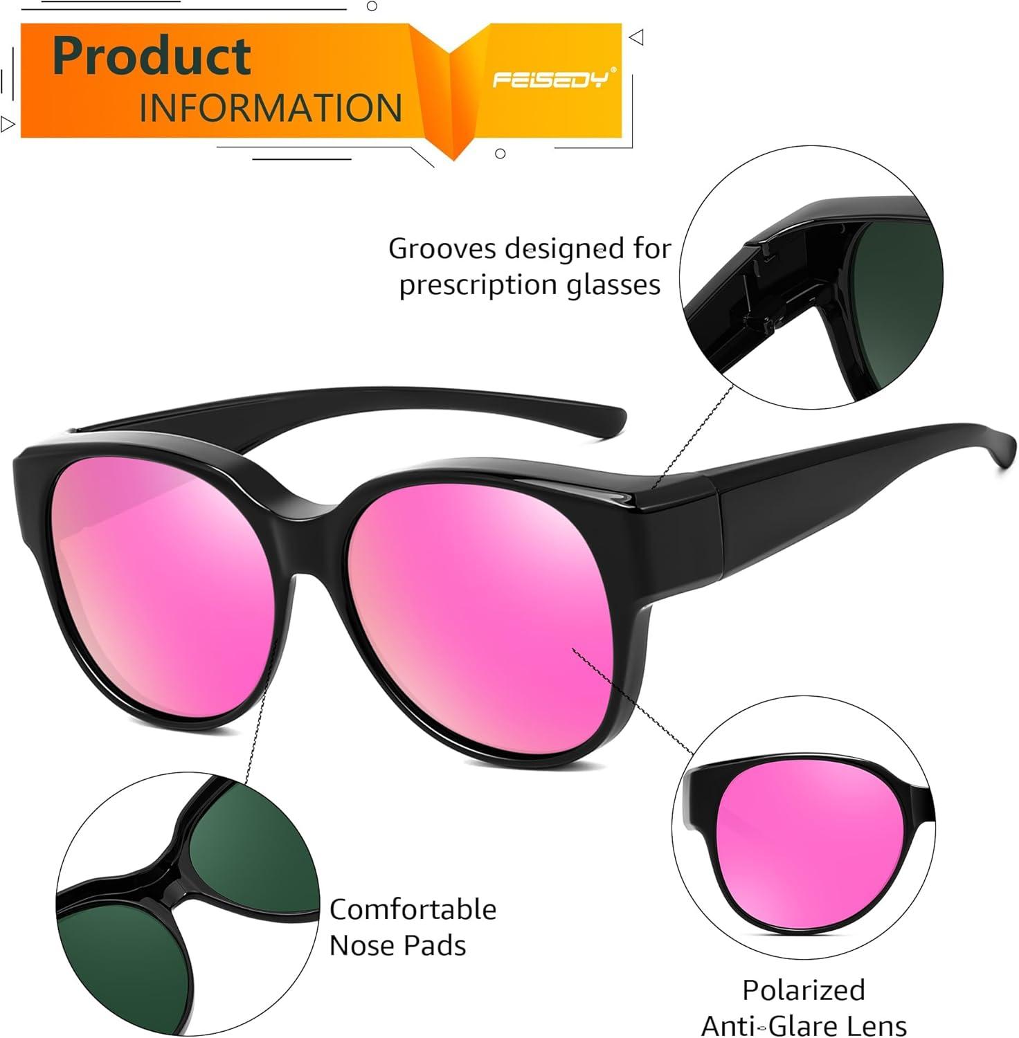 image:imageFEISEDY Fit Over Glasses Polarized Sunglasses UV400 Protection for Driving amp Outdoor Activities B0328Black Frame Pink Mirror Lens