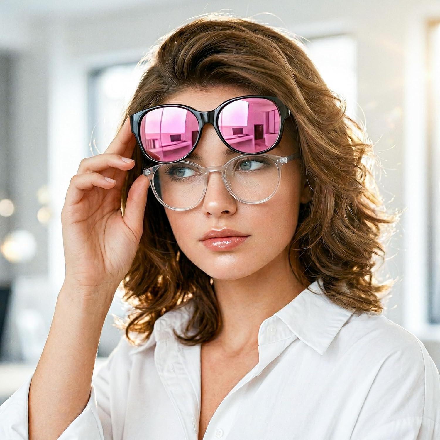image:imageFEISEDY Fit Over Glasses Polarized Sunglasses UV400 Protection for Driving amp Outdoor Activities B0328Black Frame Pink Mirror Lens