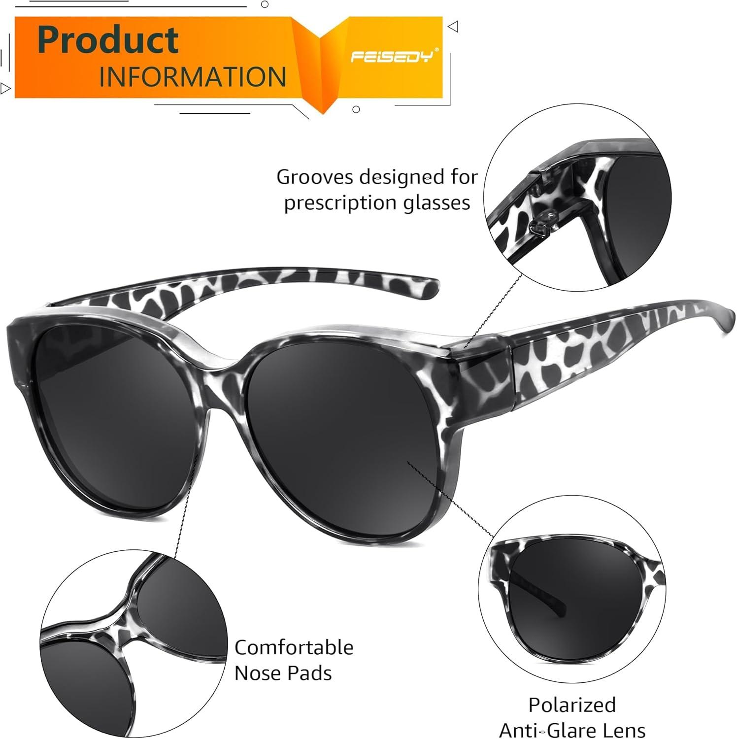 image:imageFEISEDY Fit Over Glasses Polarized Sunglasses UV400 Protection for Driving amp Outdoor Activities B0328Grey Leopard Frame Grey Lens