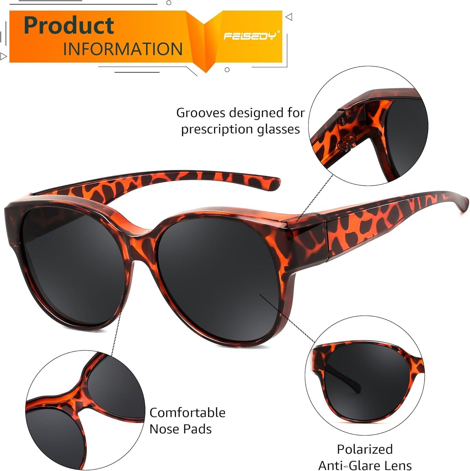image:imageFEISEDY Fit Over Glasses Polarized Sunglasses UV400 Protection for Driving amp Outdoor Activities B0328Leopard Frame Grey Lens