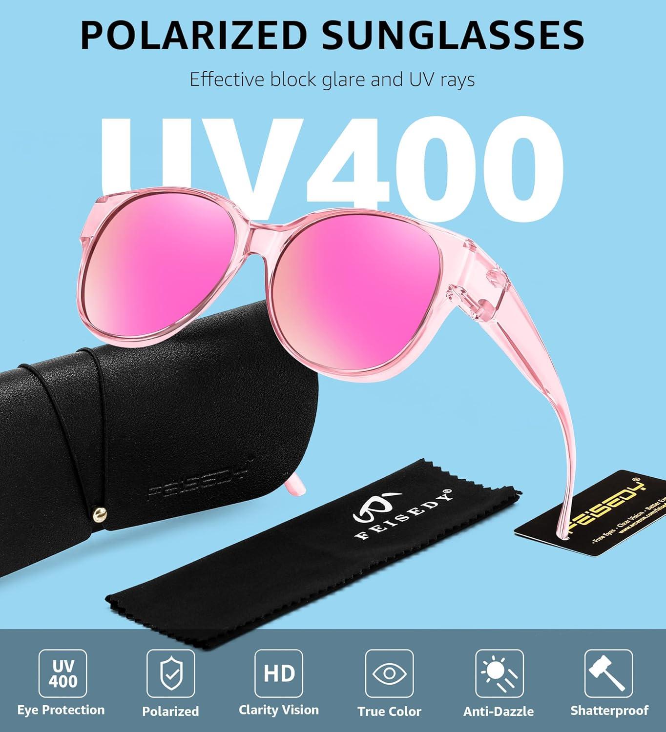 image:imageFEISEDY Fit Over Glasses Polarized Sunglasses UV400 Protection for Driving amp Outdoor Activities B0328Transparent Pink Frame Pink Mirror Lens