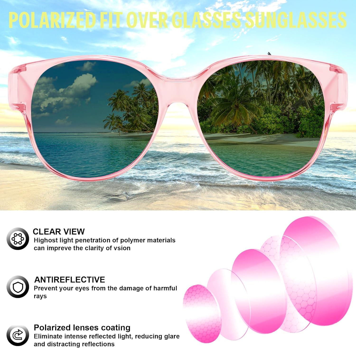 image:imageFEISEDY Fit Over Glasses Polarized Sunglasses UV400 Protection for Driving amp Outdoor Activities B0328Transparent Pink Frame Pink Mirror Lens