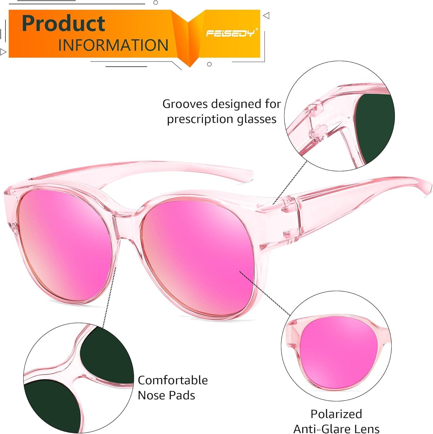 image:imageFEISEDY Fit Over Glasses Polarized Sunglasses UV400 Protection for Driving amp Outdoor Activities B0328Transparent Pink Frame Pink Mirror Lens