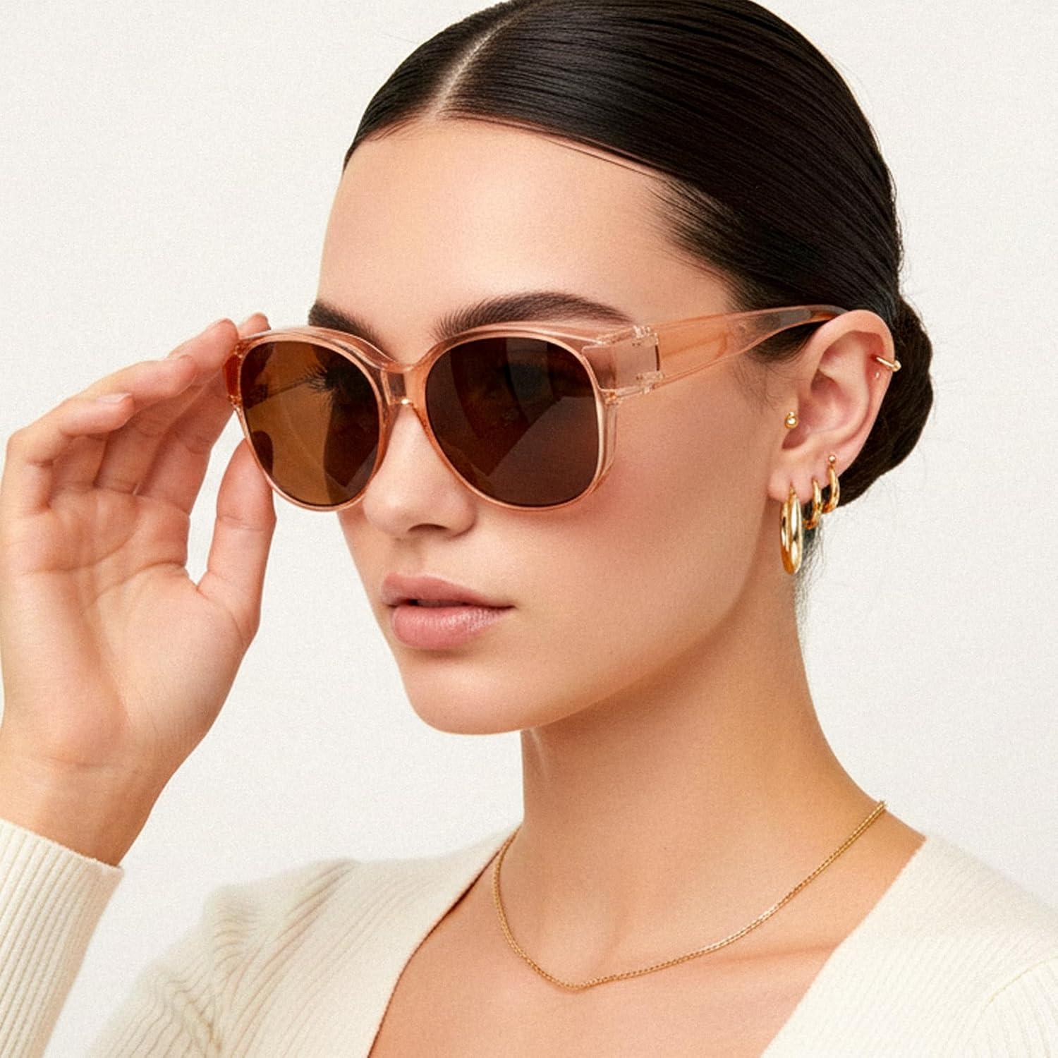 image:imageFEISEDY Fit Over Glasses Polarized Sunglasses UV400 Protection for Driving amp Outdoor Activities B0328Transparent Tea Frame Tea Lens