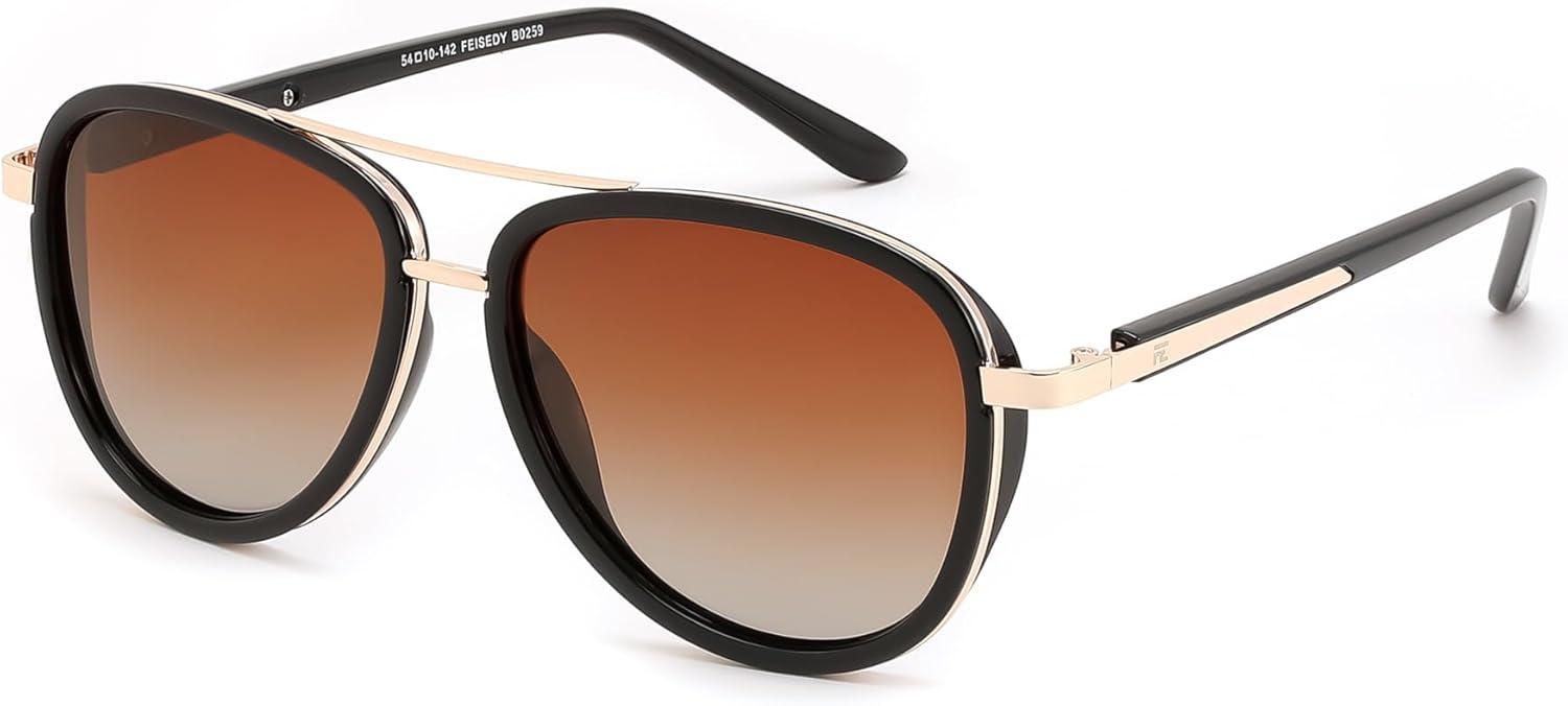 image:imageFEISEDY Retro Polarized Aviator Sunglasses for Women Men Vintage Square Sunglass With Classic Style B0259BlackGradient Tea
