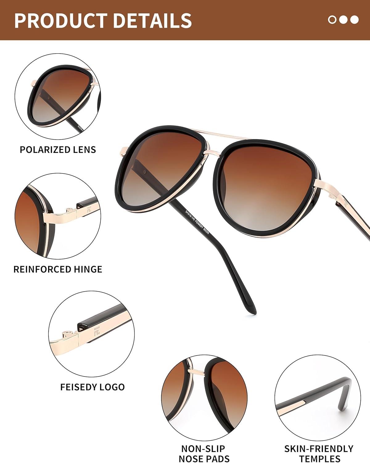 image:imageFEISEDY Retro Polarized Aviator Sunglasses for Women Men Vintage Square Sunglass With Classic Style B0259BlackGradient Tea