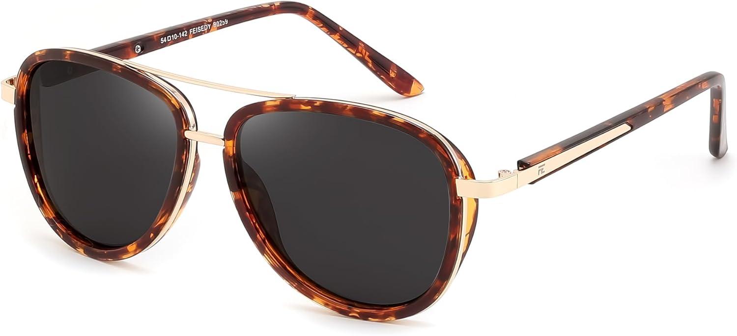image:imageFEISEDY Retro Polarized Aviator Sunglasses for Women Men Vintage Square Sunglass With Classic Style B0259Brown TortoiseBlack