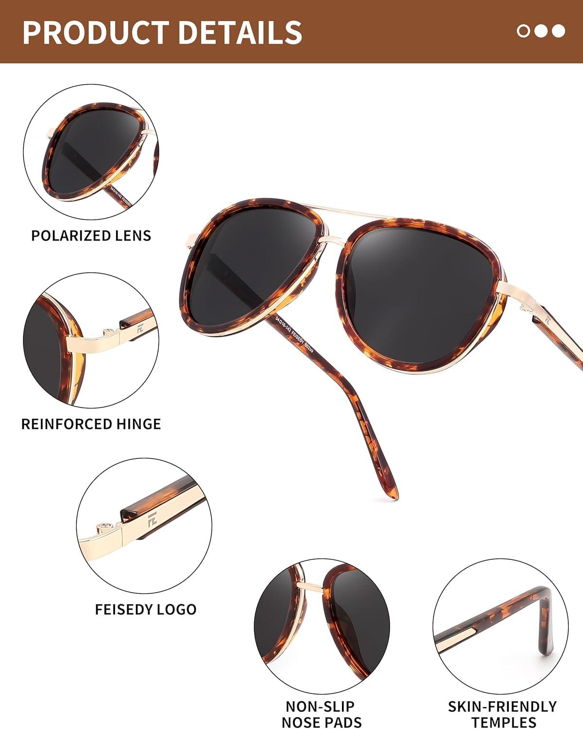 image:imageFEISEDY Retro Polarized Aviator Sunglasses for Women Men Vintage Square Sunglass With Classic Style B0259Brown TortoiseBlack