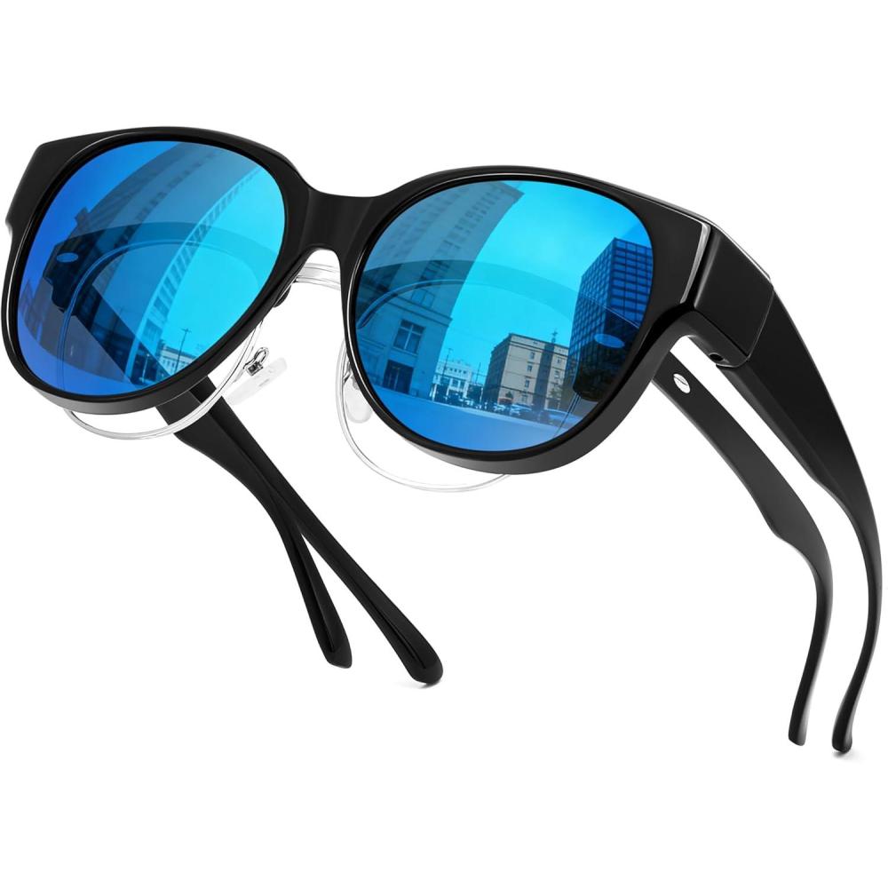 image:imageFEISEDY Fit Over Glasses Polarized Sunglasses UV400 Protection for Driving amp Outdoor Activities B0328Black Frame Blue Mirror Lens