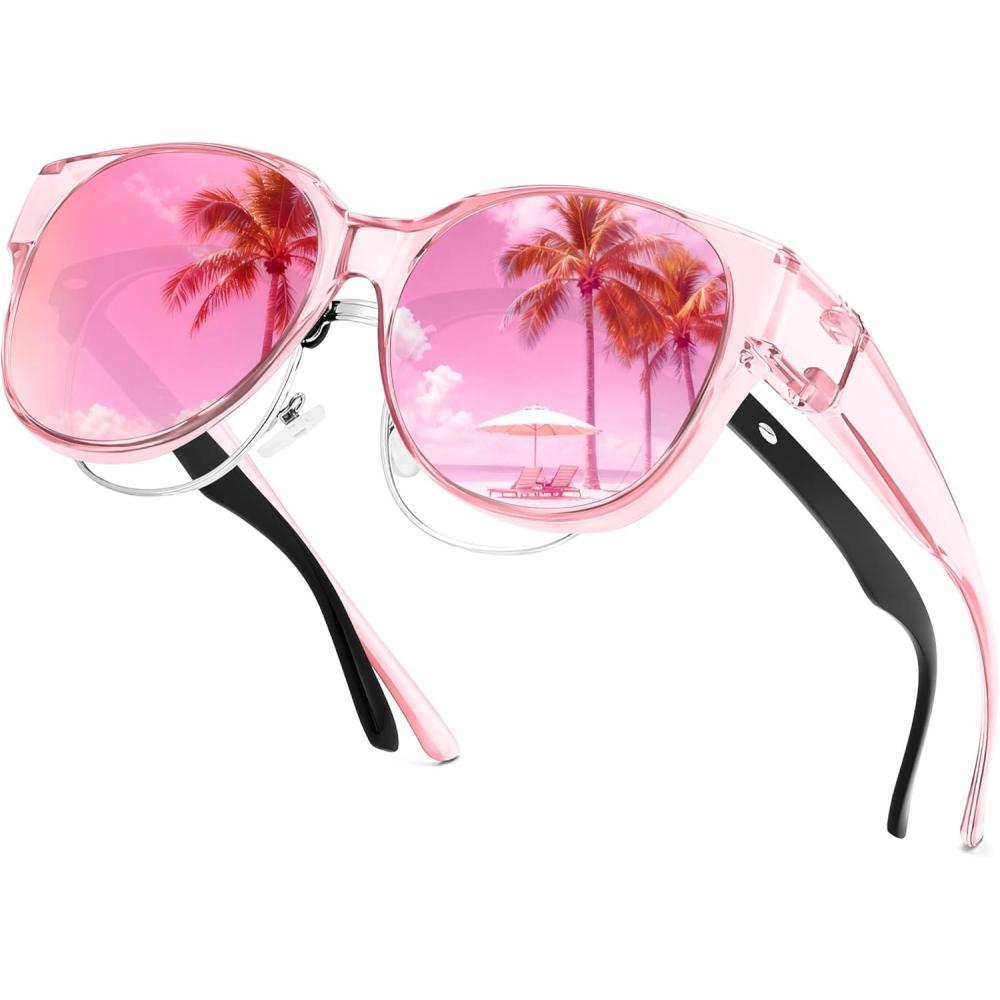 image:imageFEISEDY Fit Over Glasses Polarized Sunglasses UV400 Protection for Driving amp Outdoor Activities B0328Transparent Pink Frame Pink Mirror Lens