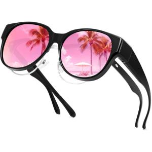 FEISEDY Fit Over Glasses Polarized Sunglasses, UV400 Protection for Driving & Outdoor Activities B0328(Black Frame & Pink Mirror Lens)