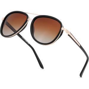 FEISEDY Retro Polarized Aviator Sunglasses for Women Men Vintage Square Sunglass With Classic Style B0259(Black/Gradient Tea)