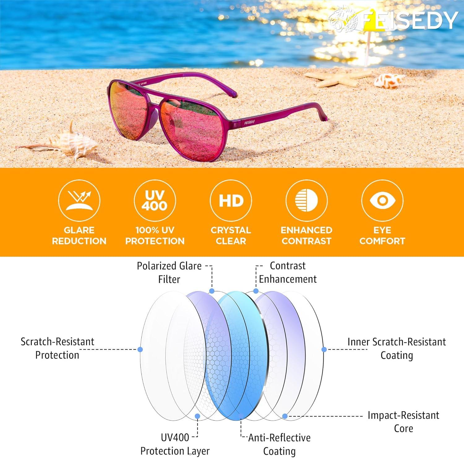 image:imageFEISEDY Polarized Aviator Sunglasses for Men Women Trendy Classic Sports Driving Outdoor TAC Lens UV400 TR90 Eyewears B0378Purple