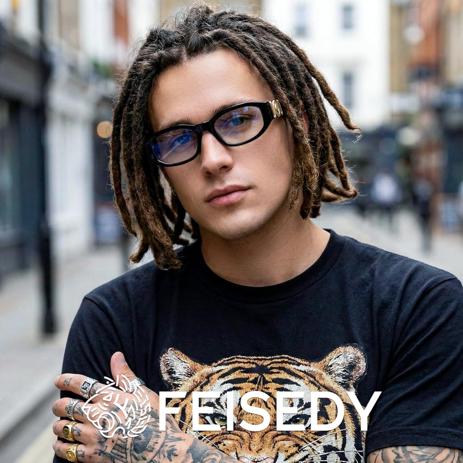 image:imageFEISEDY Retro Trendy Blue Light Glasses Women Men Vintage 90s Small Narrow Square Eyeglasses B0316Black