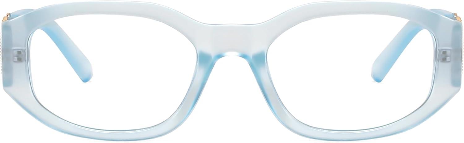image:imageFEISEDY Retro Trendy Blue Light Glasses Women Men Vintage 90s Small Narrow Square Eyeglasses B0316Matte Ice Blue