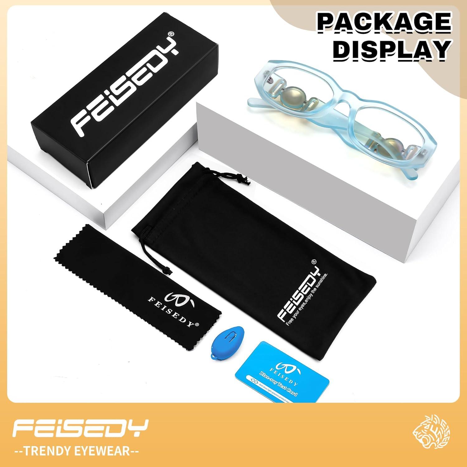 image:imageFEISEDY Retro Trendy Blue Light Glasses Women Men Vintage 90s Small Narrow Square Eyeglasses B0316Matte Ice Blue