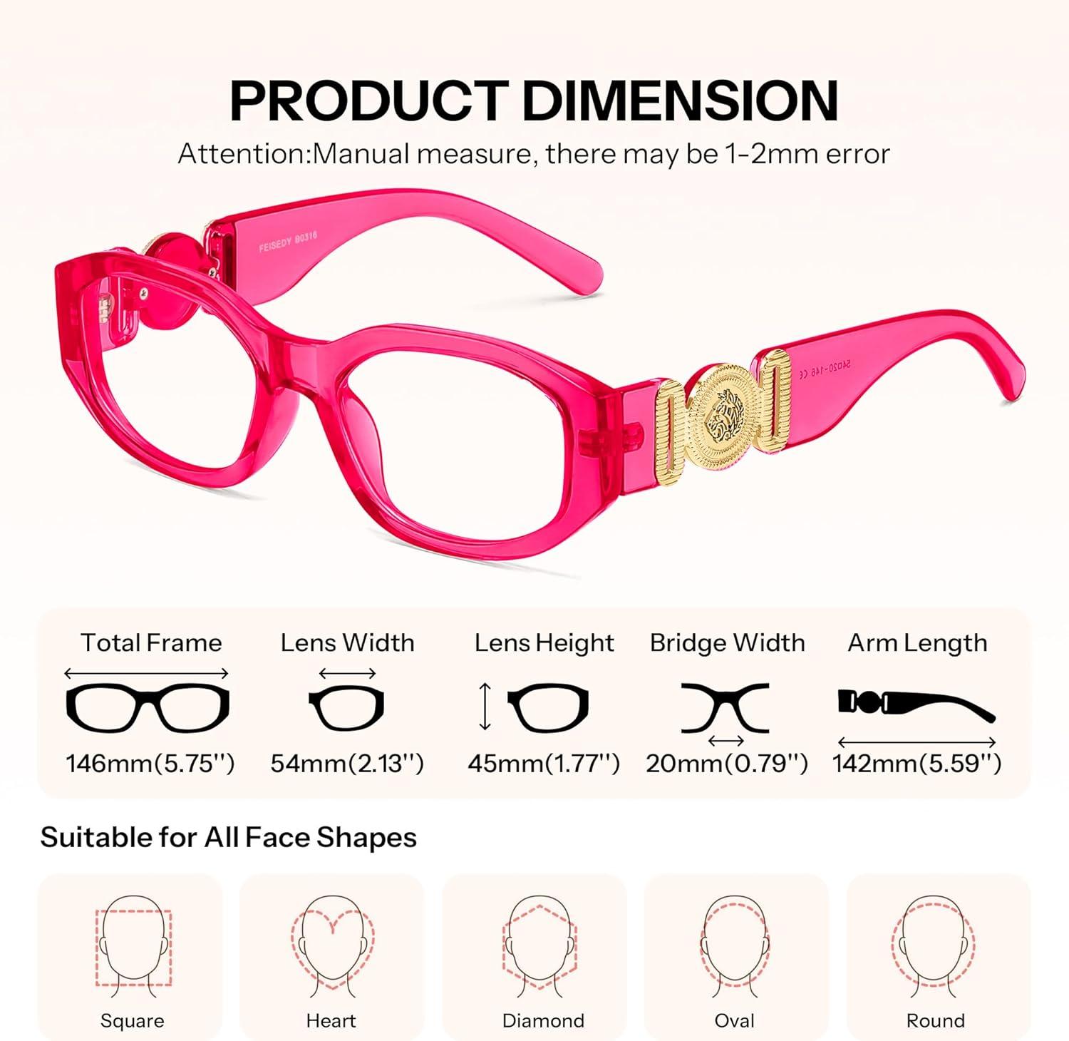 image:imageFEISEDY Retro Trendy Blue Light Glasses Women Men Vintage 90s Small Narrow Square Eyeglasses B0316Transparent Rose Red