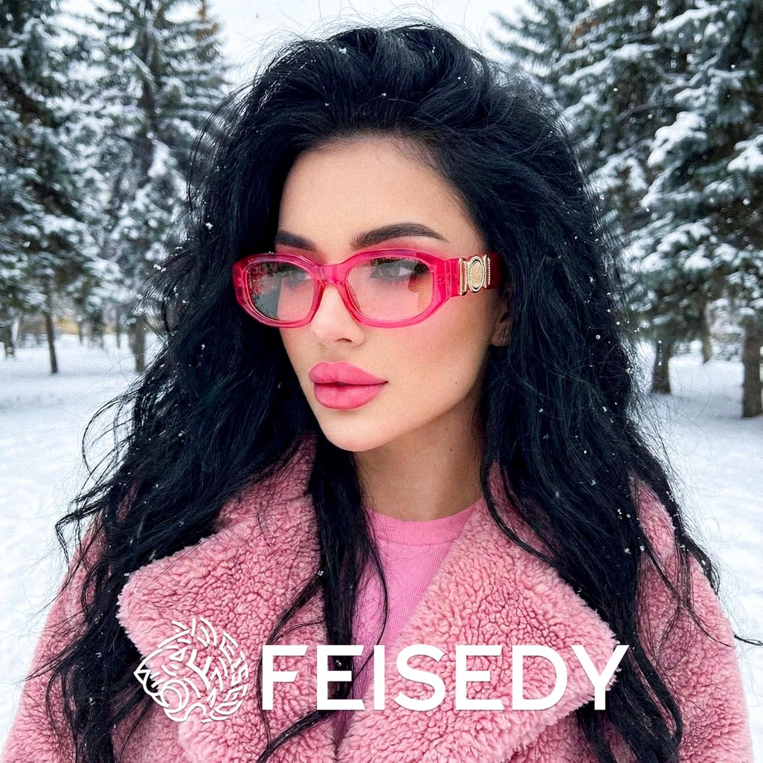 image:imageFEISEDY Retro Trendy Blue Light Glasses Women Men Vintage 90s Small Narrow Square Eyeglasses B0316Transparent Rose Red