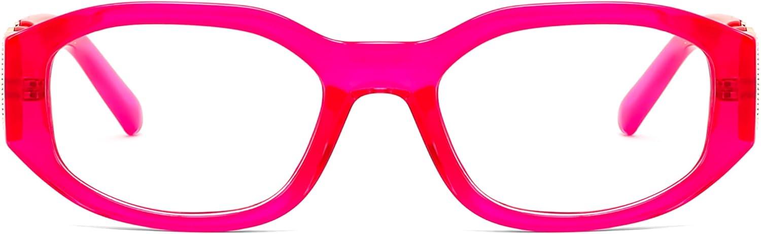 image:imageFEISEDY Retro Trendy Blue Light Glasses Women Men Vintage 90s Small Narrow Square Eyeglasses B0316Transparent Rose Red