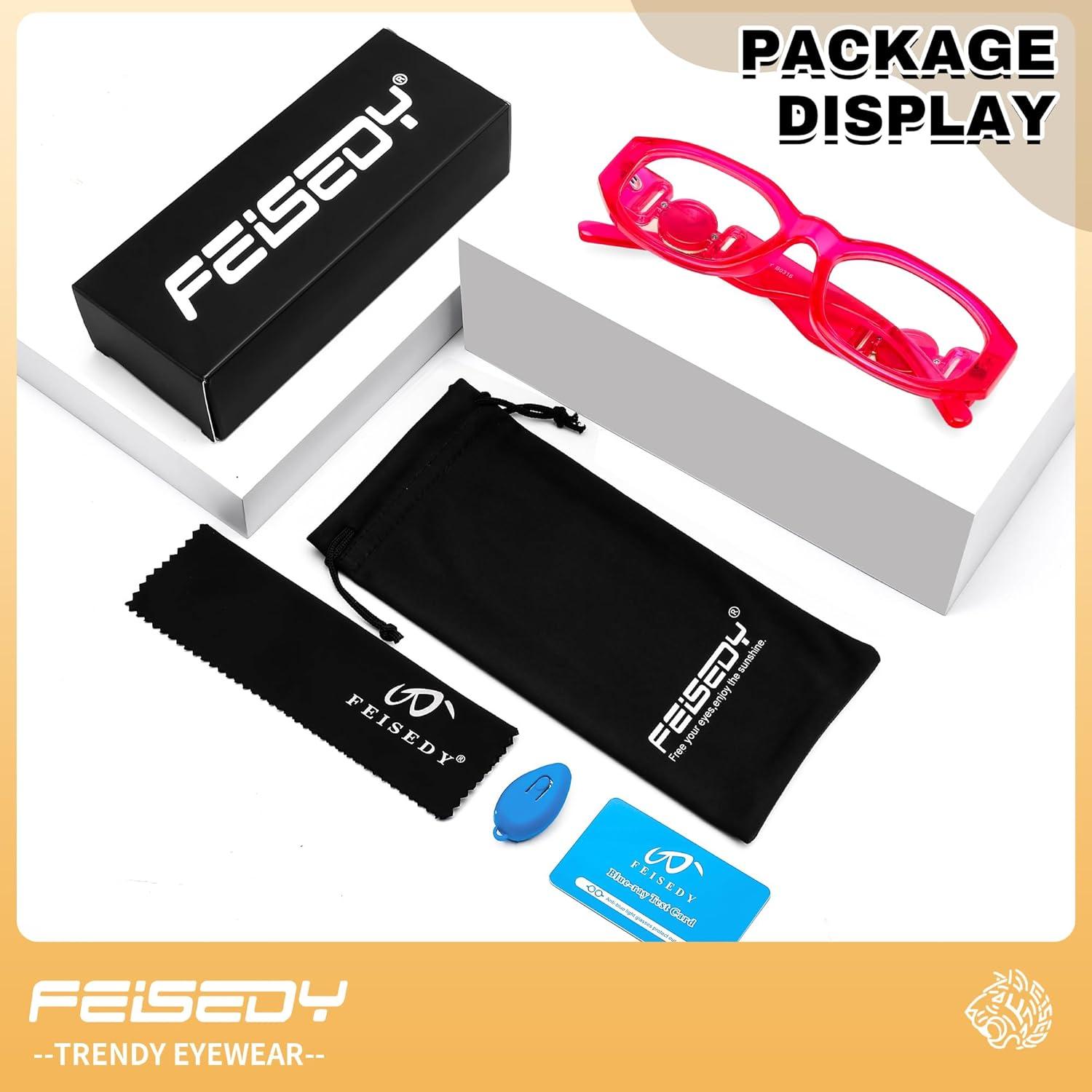 image:imageFEISEDY Retro Trendy Blue Light Glasses Women Men Vintage 90s Small Narrow Square Eyeglasses B0316Transparent Rose Red