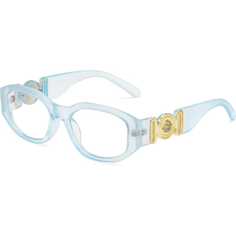 image:imageFEISEDY Retro Trendy Blue Light Glasses Women Men Vintage 90s Small Narrow Square Eyeglasses B0316Matte Ice Blue